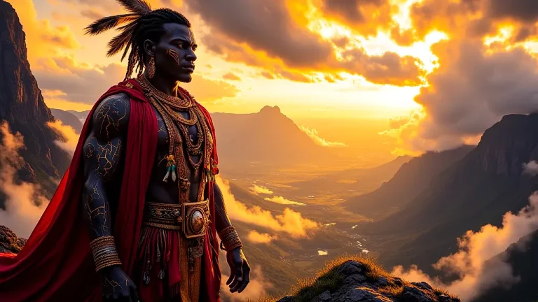 Tsui'Goab, Khoikhoi Creator God, stands atop a sacred mountain.