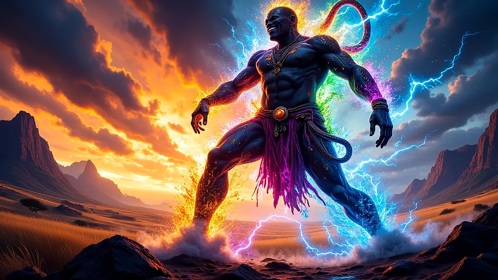 Tsui'goab shape-shifting between rainbow, serpent, and lightning forms.