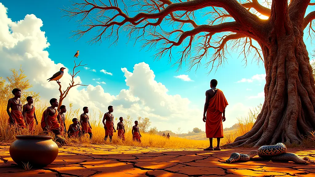 Tumbuka village suffering drought, elder prays under dead tree.