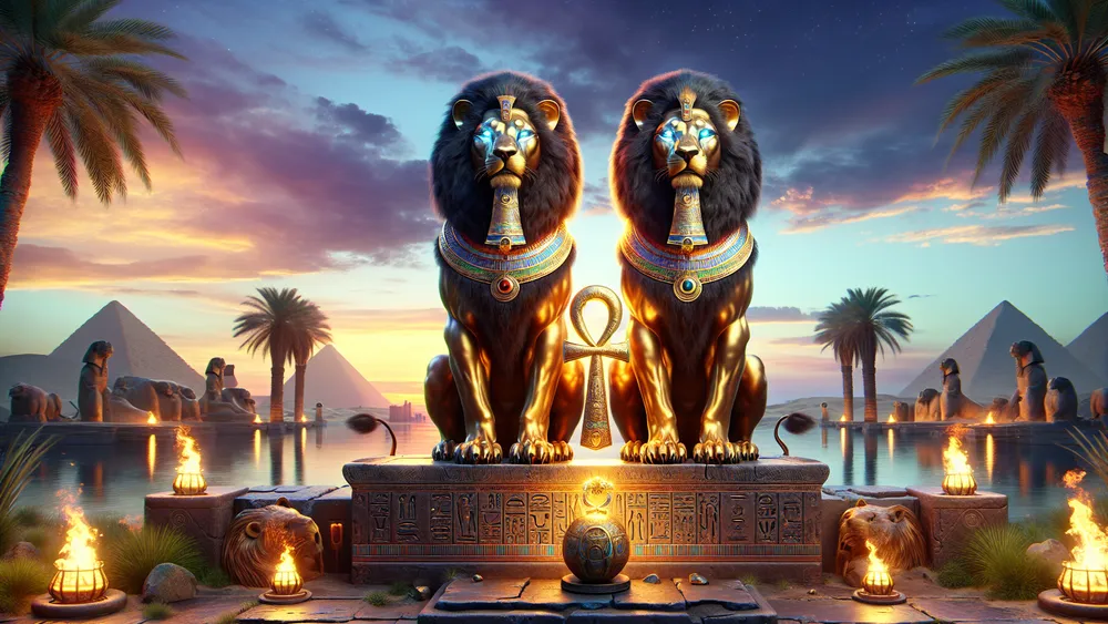 Twin Lion Gods Of Egyptian Mythology With Pyramids And Nile At Sunset