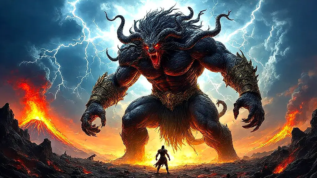 Typhon battles Zeus, a hundred-headed dragon monster vs thunder god.