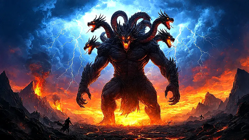 Typhon, the hundred-headed storm giant, unleashing chaos.