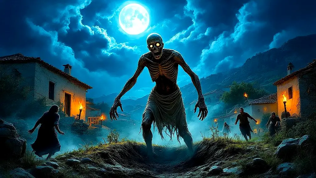 Undead vrykolakas terrorizes ancient Greek village at night.