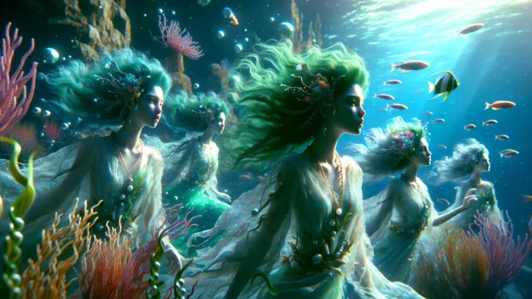 Underwater Scene Of Nereids With Seafoam Green Hair And Coral Attire