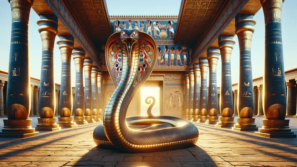 Uraeus Cobra Symbol In Front Of An Egyptian Temple At Sunset