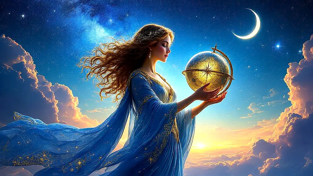 Urania, Muse of Astronomy, holding a celestial globe under starry sky.