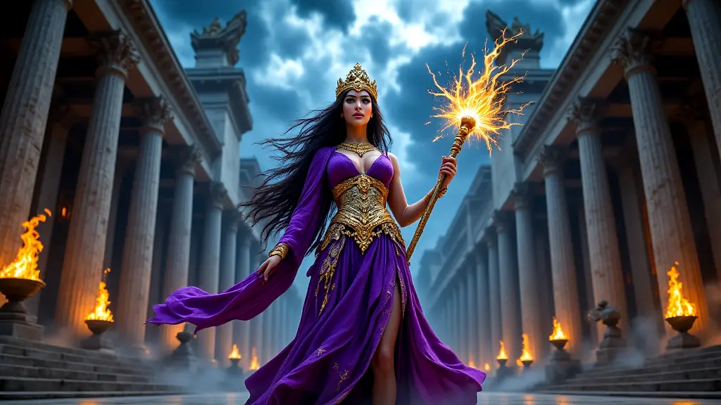 Vengeful Hera summoning a storm in a grand temple.