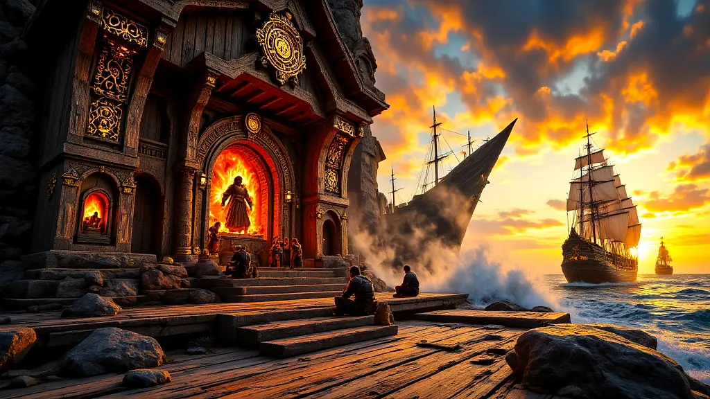 Vikings honor Njord with offerings at coastal temple.