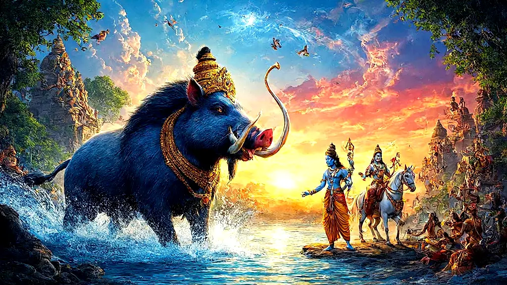 Vishnu's avatars restoring cosmic balance in vibrant detail.