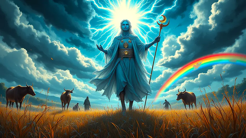 Waaq commands thunder, lightning, and rainbow in stormy sky.