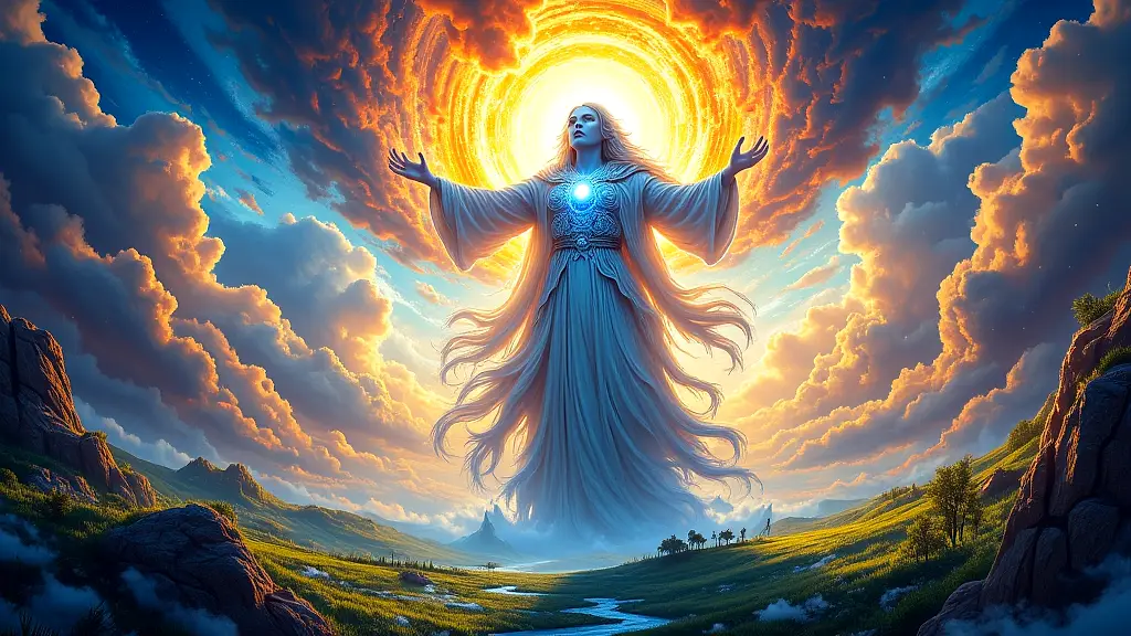 Waaq shaping the earth with his breath in vibrant celestial creation.