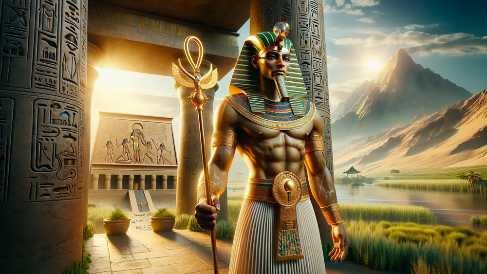 Weneg Egyptian Deity Stands Protectively With Temple And Nile River In Background