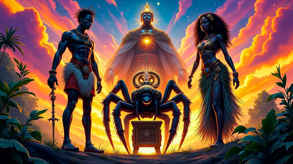 West African creator gods in a vibrant mythical realm.