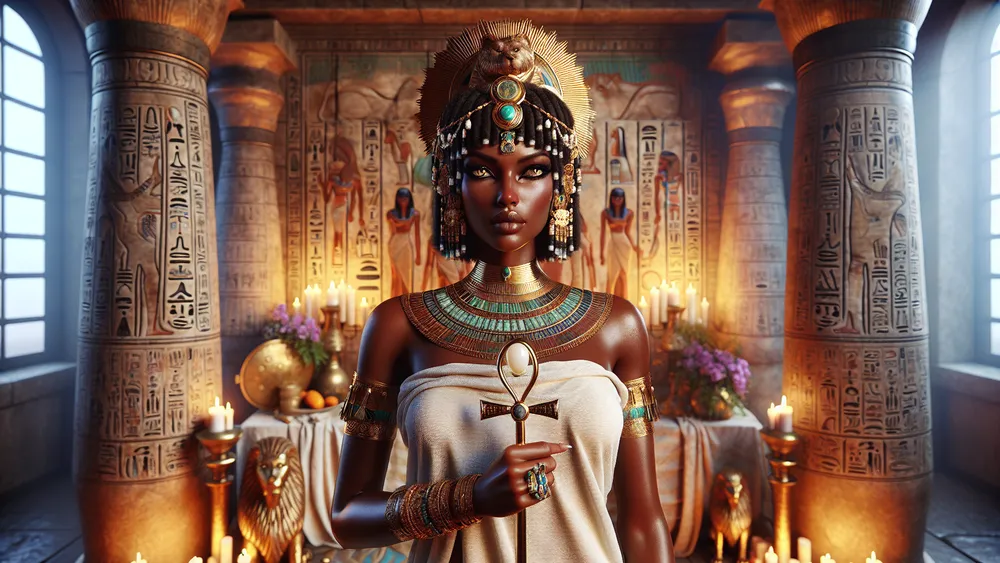 Wosret Egyptian Goddess Of Protection In Ancient Temple With Ankh And Scepter