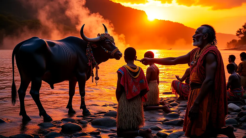 Xhosa cattle sacrifice ceremony at sunset for uThixo.