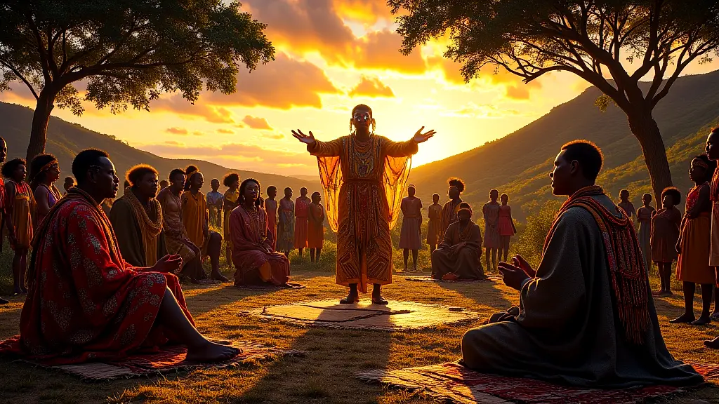 Xhosa elders and diviner restoring harmony under uThixo’s cosmic gaze.