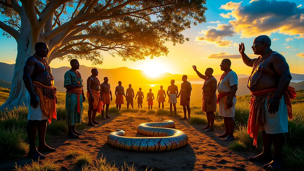 Xhosa elders, python, and umzimba tree at sunrise ritual.