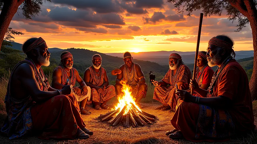 Xhosa elders share Qamata stories at sunset.