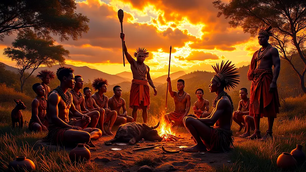 Xhosa initiation rite under Qamata’s spiritual presence at dusk.
