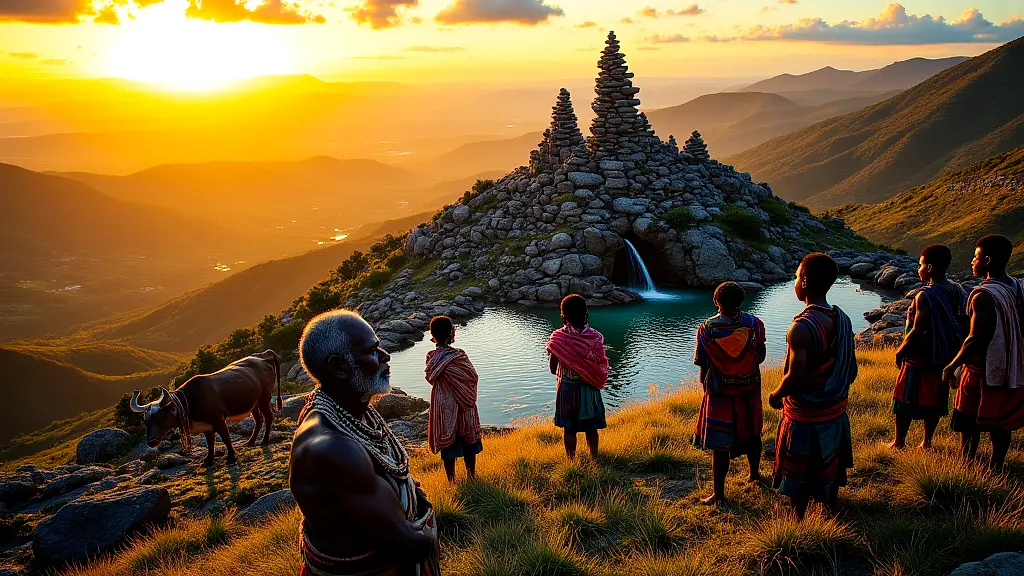 Xhosa people worship at Mount Ntsikeni, leaving gifts for Qamata.