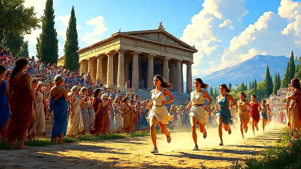 Young women racing in the ancient Heraia festival at Olympia.