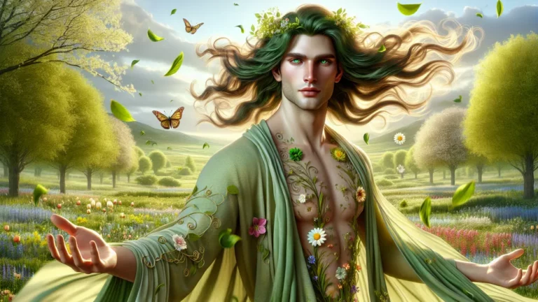 Zephyros Greek God Of The West Wind Amidst A Vibrant Spring Landscape