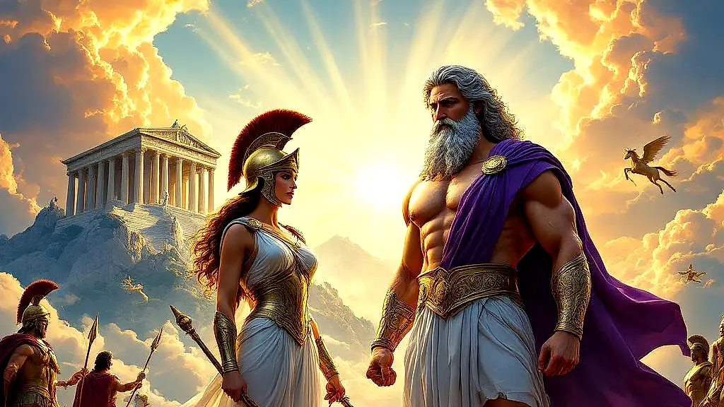 Zeus and Athena on Mount Olympus, Greek mythology’s grandeur.