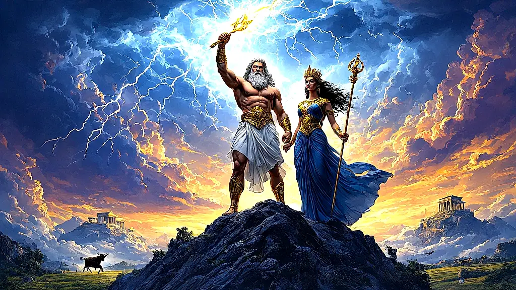 Zeus and Hera ruling Olympus in a stormy divine clash.