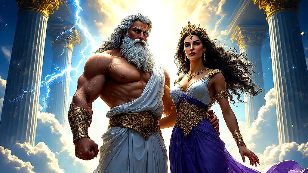 Zeus and Hera ruling Olympus in divine splendor.