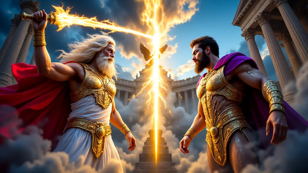 Zeus and Jupiter clash in a mythic storm.