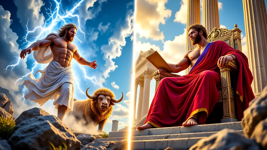 Zeus and Jupiter contrasted in Greek and Roman mythology.
