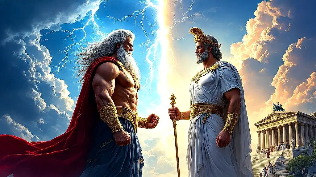 Zeus and Jupiter in mythic confrontation