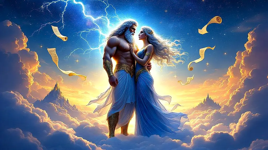 Zeus and Mnemosyne embracing in a celestial union.