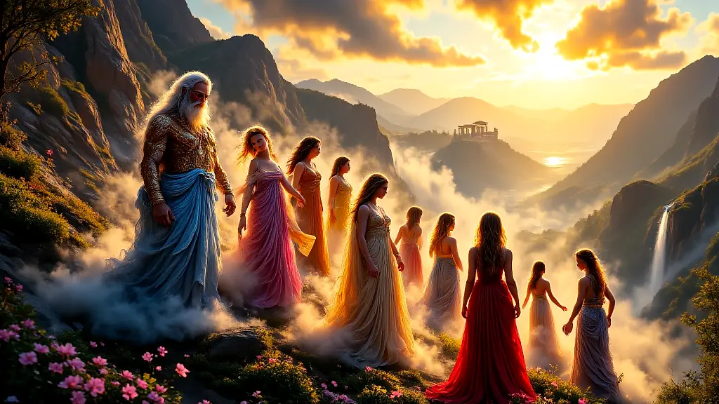 Zeus and Mnemosyne with the nine Muses in Pieria.