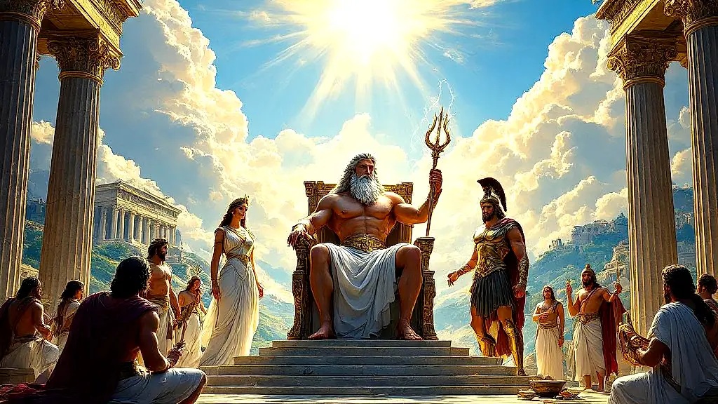 Zeus and Olympian gods presiding over Ancient Greek rituals.