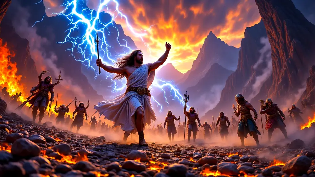 Zeus and Olympians battle Titans in epic divine war.