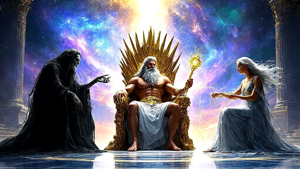 Zeus and the Fates deciding destiny in Olympus.