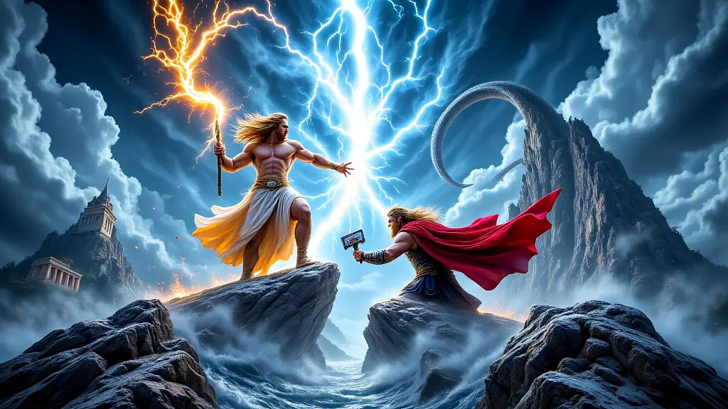 Zeus and Thor clash in a stormy divine battle.
