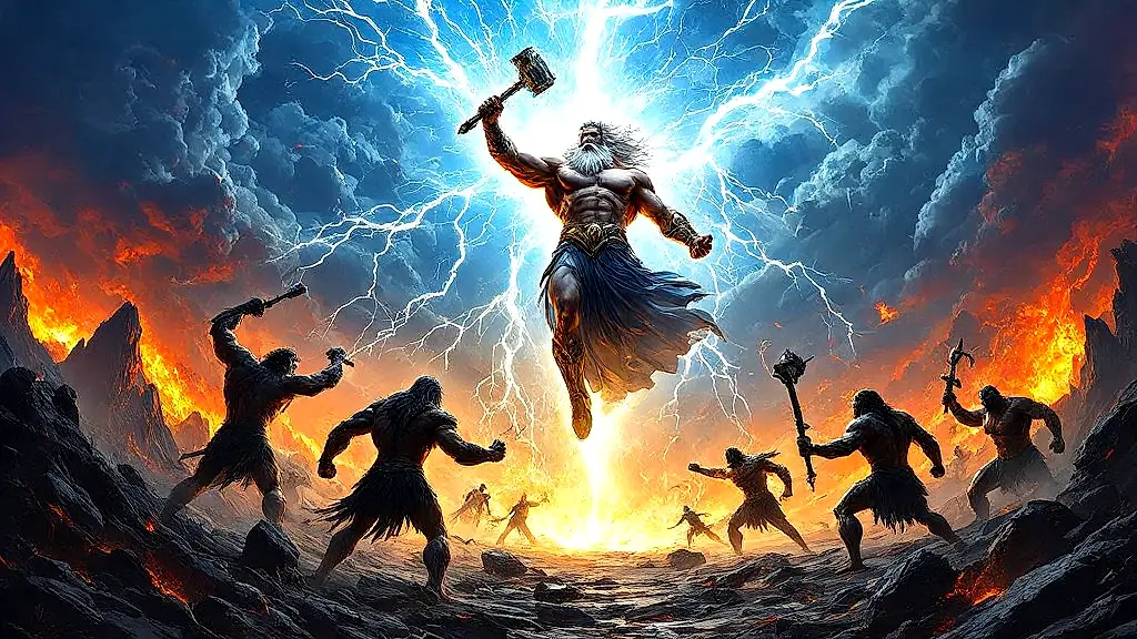 Zeus and Titans clash in cosmic war, lightning vs. stone.