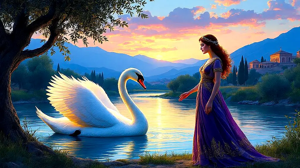 Zeus as a swan approaching Leda by river.