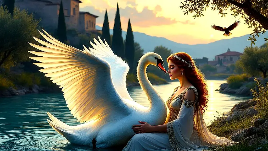 Zeus as a swan in Leda's arms by the river.