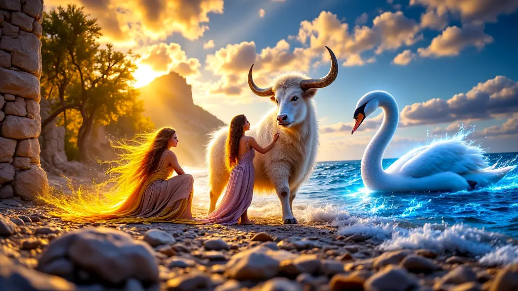 Zeus as golden rain, bull, and swan in mythic scenes.