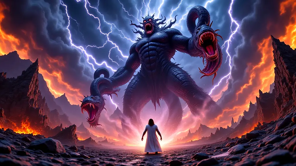 Zeus battles the monstrous Typhon in a stormy, apocalyptic clash.