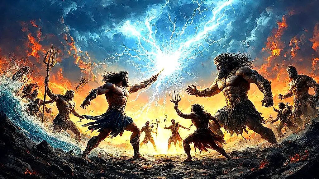 Zeus battles Titans in epic godly war.
