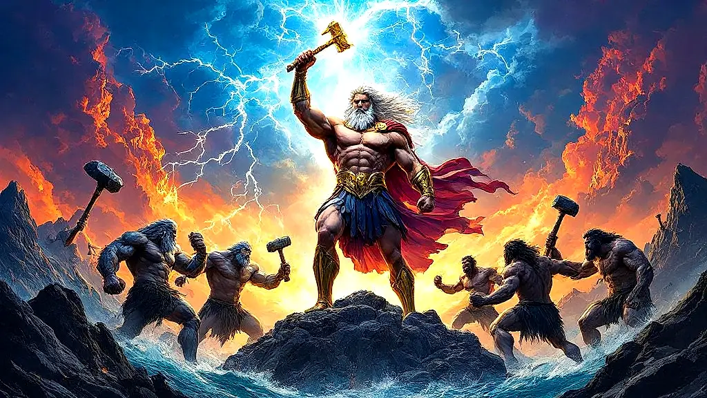Zeus battles Titans in epic Greek mythology war scene.