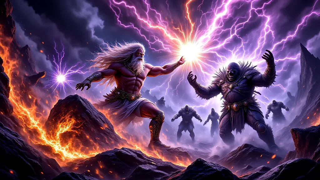 Zeus battles Titans in epic Titanomachy clash.
