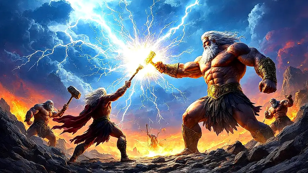 Zeus battles Titans with Cyclopes-forged thunderbolts in epic war.