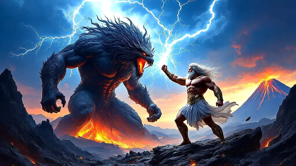 Zeus battles Typhon amid volcanic destruction.