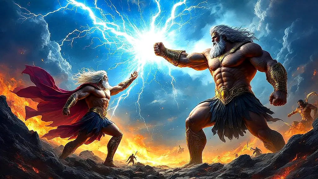 Zeus battling Titans in cosmic divine war.