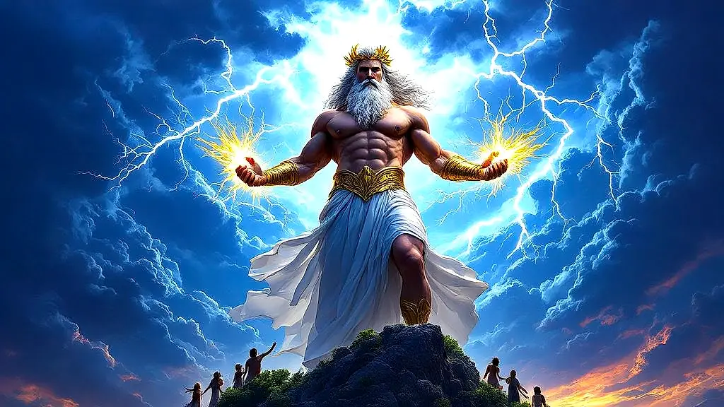 Zeus commanding thunder and lightning atop Mount Olympus.